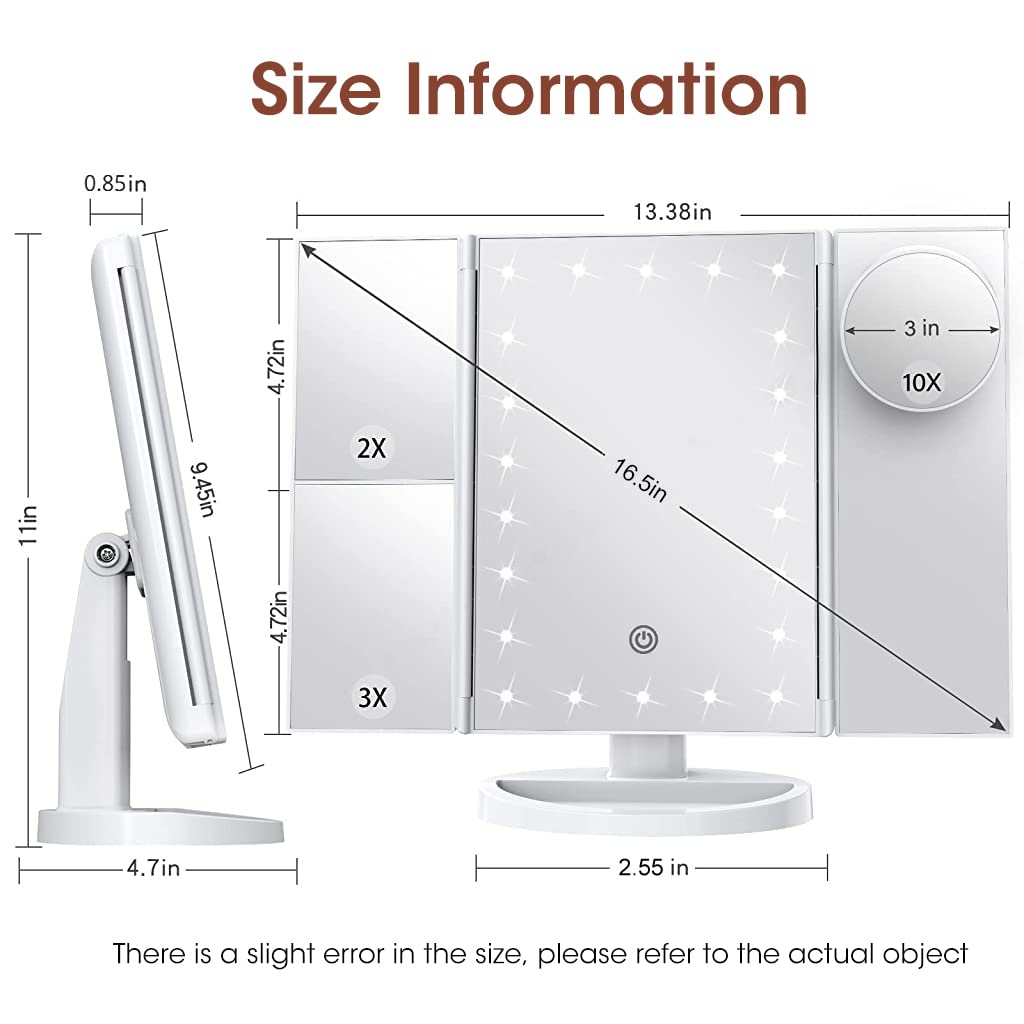 MAYCREATE LED Makeup Mirror 3-Sided Vanity Mirror Fold-up Makeup Mirror with 1X 2X 3X 10X Magnifying, Touch Button Control, USB/Battery Powered LED Makeup Mirror MAYCREATE LED Makeup Mirror 3-Sided Vanity Mirror Fold-up Makeup Mirror with 1X 2X 3X 10X Magnifying, Touch Button Control, USB/Battery Powered LED Makeup Mirror